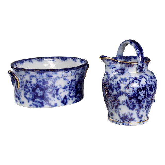 Flow Blue Porcelain Jug with Basin, Set of 2 For Sale