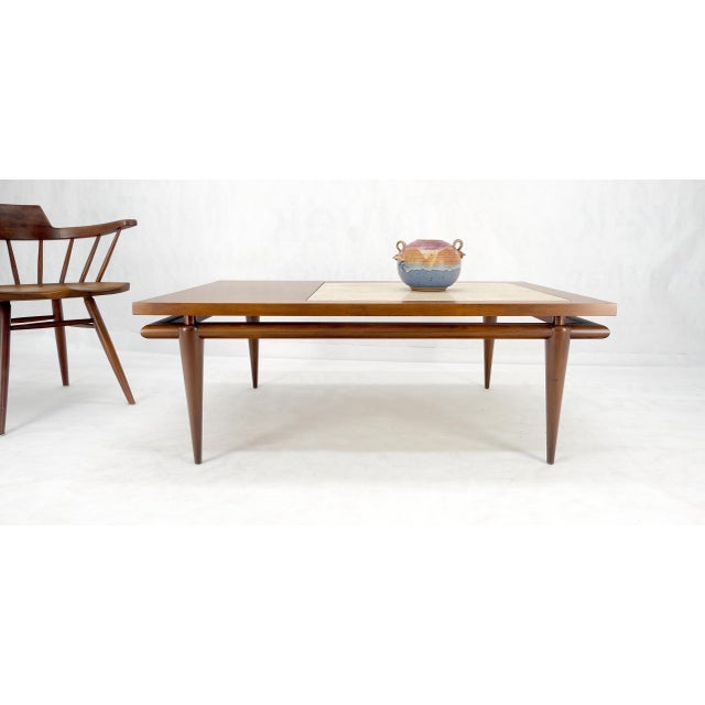 John Widdicomb Floating Walnut Top Travertine Insert Tapered legs Rectangle Coffee Table For Sale - Image 4 of 10