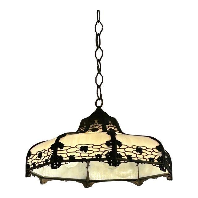 Milk Glass & Bronzed Metal Tiffany Style Chandelier For Sale