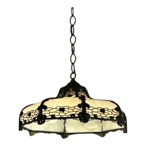 Milk Glass & Bronzed Metal Tiffany Style Chandelier