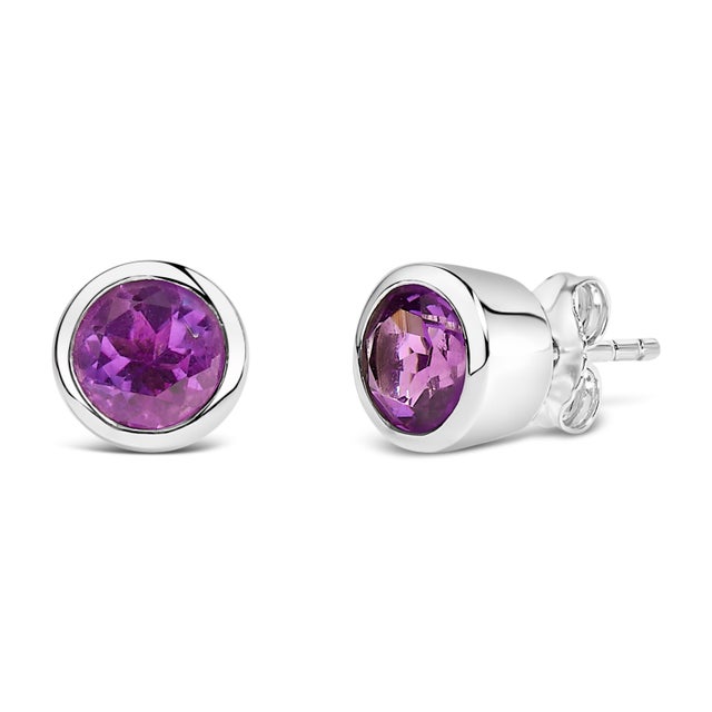 Contemporary .925 Sterling Silver 6MM Bezel Set Created Purple Amethyst Solitaire Stud Earrings, A Pair For Sale - Image 3 of 5