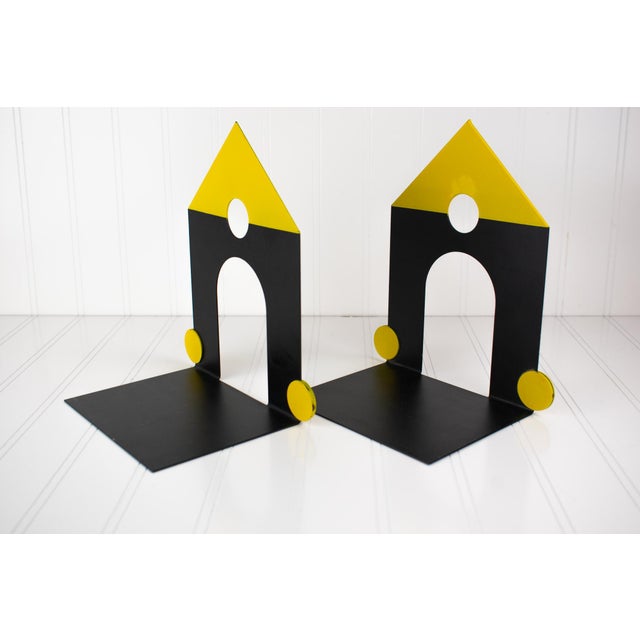Metal Vintage Postmodern Memphis Style Studio Architectural House Steel Metal Bookends - A Pair For Sale - Image 7 of 16