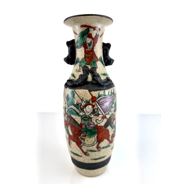 Antique Japanese Satsuma-Style Warrior Vase With Sculpted Handles and Crackle Glaze For Sale - Image 12 of 14