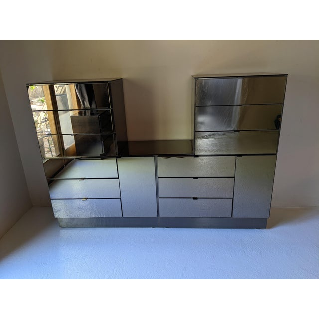 Ello Gunmetal Stainless & Smoked Mirror credenza, storage cabinets. Two larger base cabinets and two smaller upper with a...