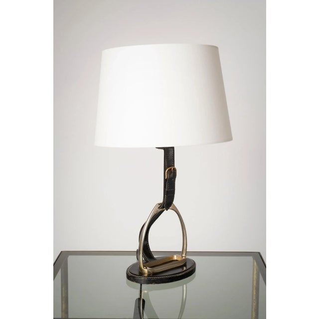 Jacques Adnet 1960s Adnet Style Brass Horse Shoe & Black Stitched Leather Desk Lamp, France For Sale - Image 4 of 5