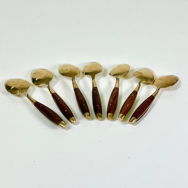 1950s Vintage Hollywood Regency Chinoiserie Appetizer-Dessert Brass & Rosewood Spoons - Set of 7 For Sale - Image 10 of 11