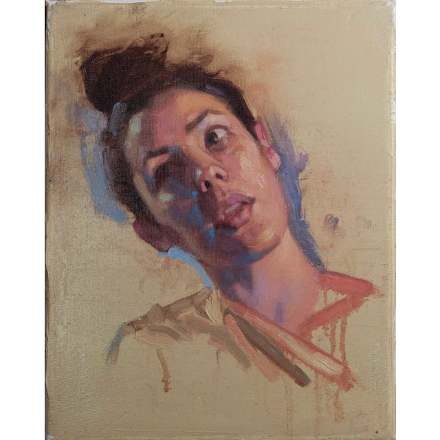This oil on canvas work presents a close-up head study of a figure gazing upward, capturing a moment of introspection. The...