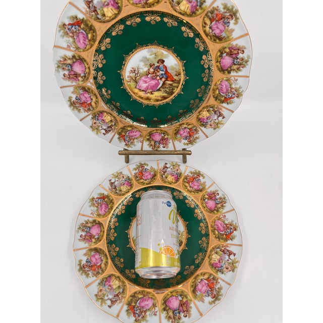 Ceramic Vintage Fragonard Love Story Plates, Royal Vienna Bavarian Porcelain, Green & Gold - Set of 2 For Sale - Image 7 of 12