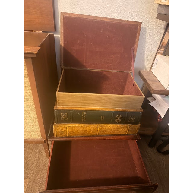 Wood Pair of Vintage Hollywood Regency Trompe l'Oeil Stacked Book Side Tables With Drawers For Sale - Image 7 of 7