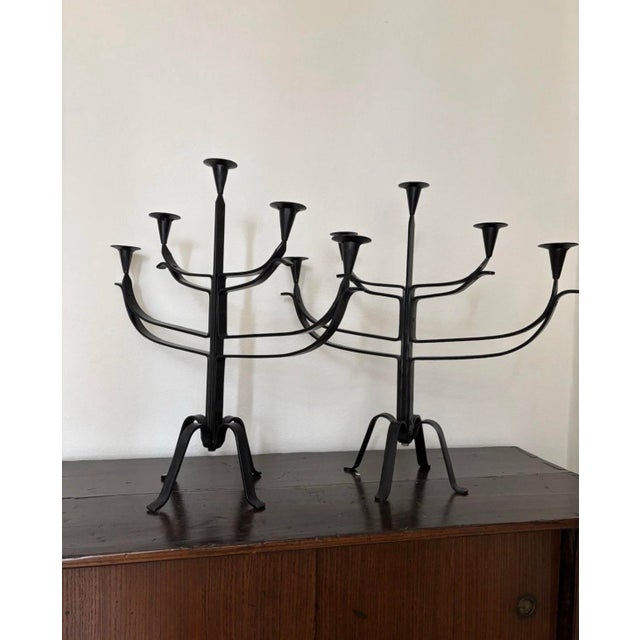 Metal Pair of Vintage Spanish Brutalist Iron Candelabras 5 Candle Holder Large! MCM For Sale - Image 7 of 10