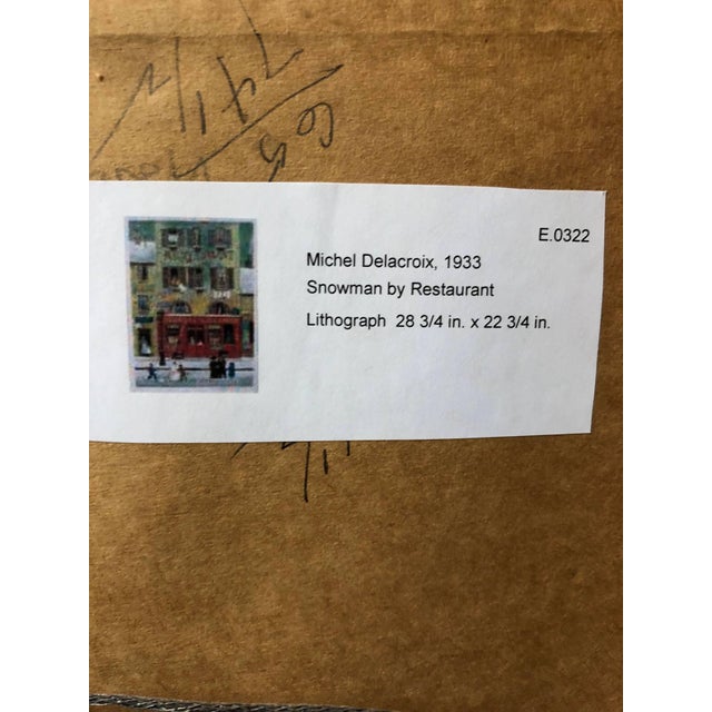 Printmaking Materials Michel DelacroixHand signed Folk Art Naive lithograph on Arches Paper Paris Snowman Scene For Sale - Image 7 of 7