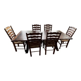 Walnut Trestle Table With 6 Ladder Back Side Chairs - Set of 7 For Sale