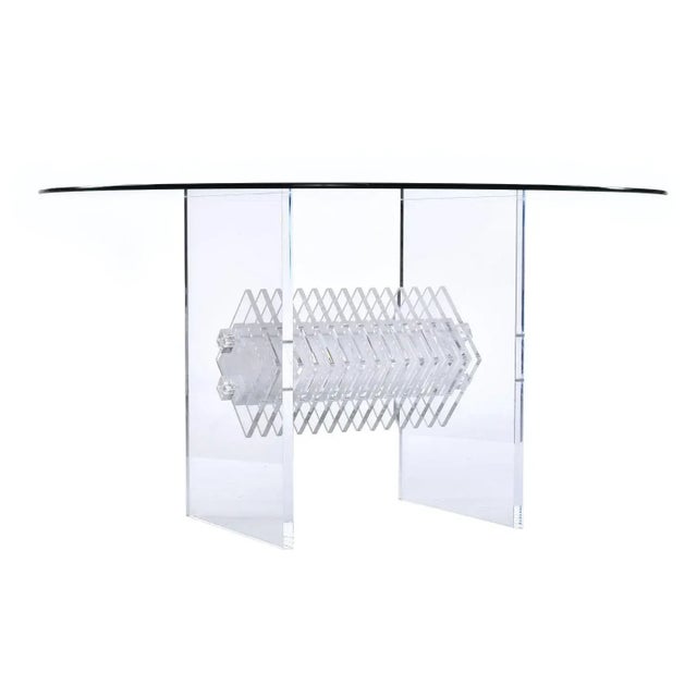 Clear Lucite Acrylic Pedestal Dining Table With Round Glass and Prism Center For Sale - Image 6 of 14