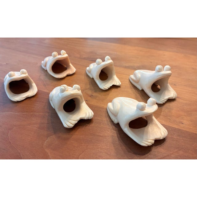 Mid-Century Modern Mid 20th Century Hand Carved Bone Frog Napkin Rings Asia - Set of 6 For Sale - Image 3 of 10