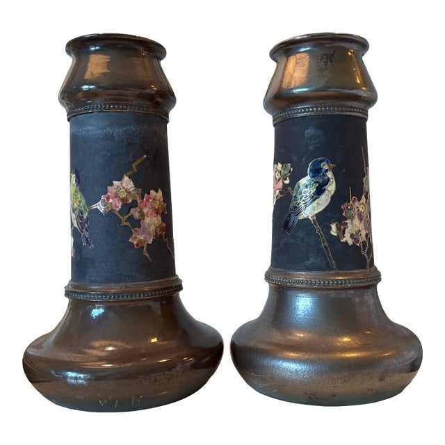 Pair of Bretby Art Nouveau Vases With a Floral/Bird Design For Sale
