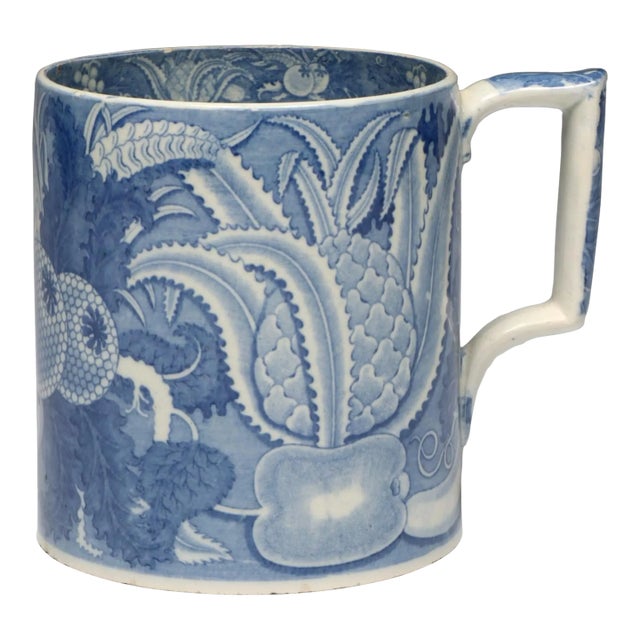 Antique Early 19th Century English George III Staffordshire Pearlware Blue & White Pottery Porter's Tankard Mug Circa 1820 For Sale