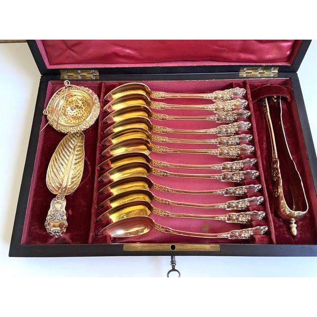 Antique Tea Set Decorated with Floral Vases and Garlands of Flowers. Luxury Tableware Napoleon III Period & Style Gilt-...