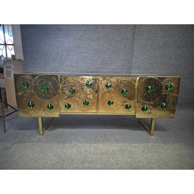 Italian Brass and Black Glass Sideboard with 24 Green Murano Glass Jewels from Justfurnituress SRL For Sale - Image 9 of 11