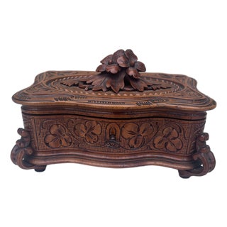 French Black Forest Carved Wood Box Circa 1900 For Sale