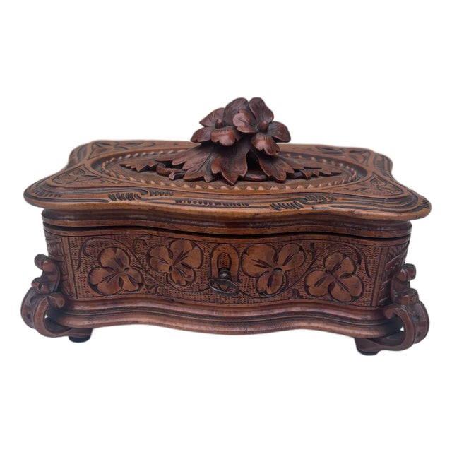 French Black Forest Carved Wood Box Circa 1900 For Sale