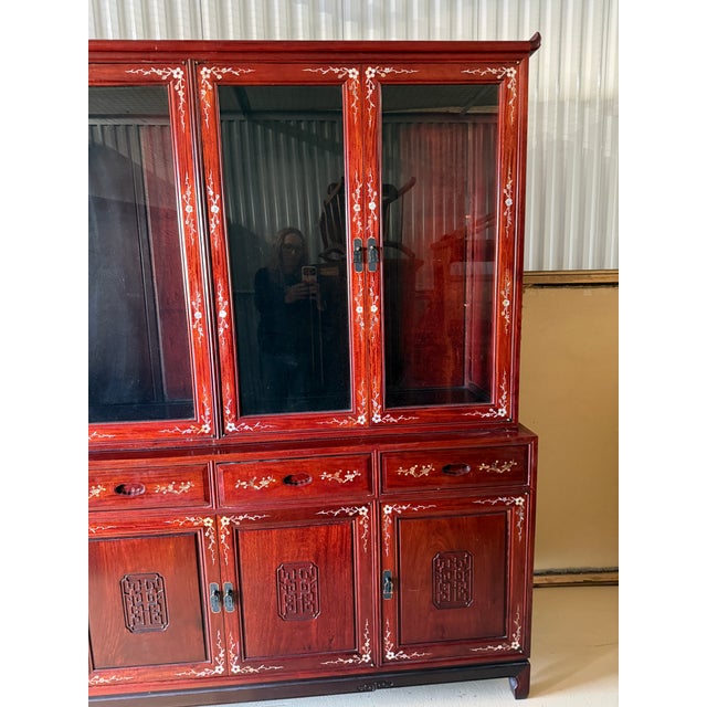 Red Vintage Chinese Rosewood Mother-of-Pearl Inlaid China Cabinet – 2 Pieces For Sale - Image 8 of 18