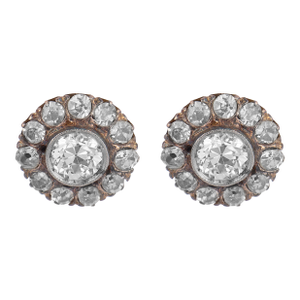19th Century Victorian 2.90 Carat Diamond 14k Yellow Gold Cluster Earrings, A Pair