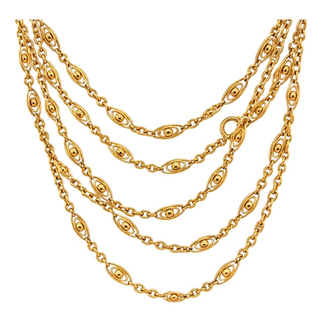 Late 19th Century Victorian, Yellow Gold Fancy Link Muff Long Chain Necklace, 63 Inches For Sale