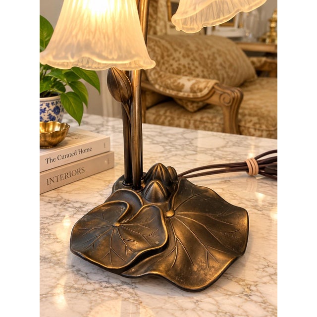 Vintage 3-Light Lotus Flower Meyda Tiffany-Style Table Lamp, Sculptural Bronze-Tone Base, Botanical Glass Shades, Elegant Accent Lighting For Sale - Image 4 of 11