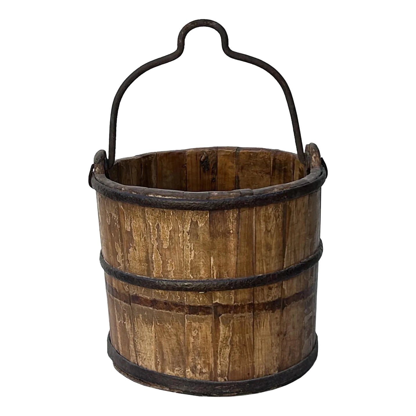 Vintage Rustic Brown Round With Iron Handle Wood Bucket | Chairish