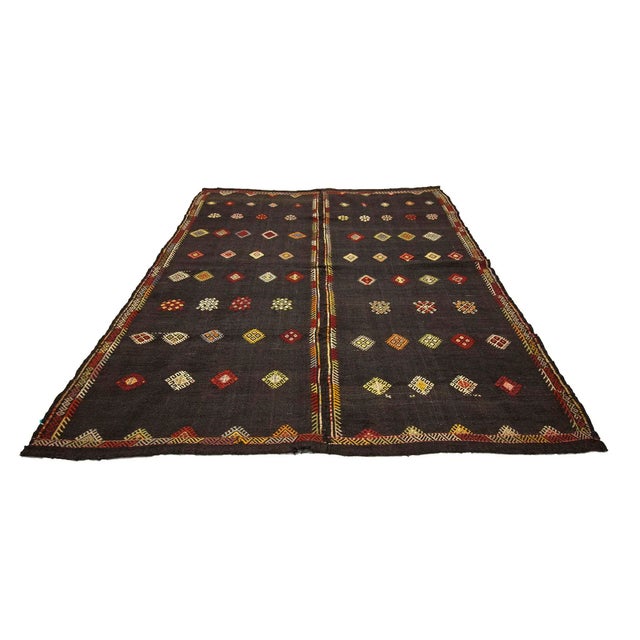 Handwoven vintage embroidered kilim rug from Denizli region of Turkey. Approximately 50-60 years old. In very good condition