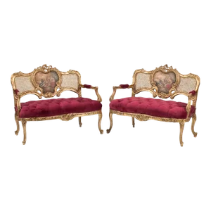 French Louis XV Style Carved Painted Giltwood Settees - a Pair