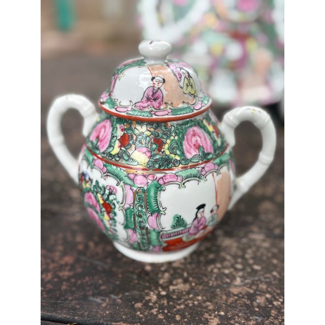 Vintage Porcelain Rose Medallion Coffee Tea Service Set of 6 For Sale - Image 4 of 11