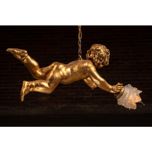 Vintage Gilt Paint Figural Cherub Hanging Light For Sale - Image 4 of 9