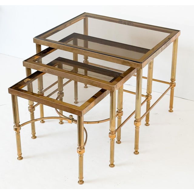 French Nesting Tables of Brass With Smoked Glass For Sale - Image 17 of 18