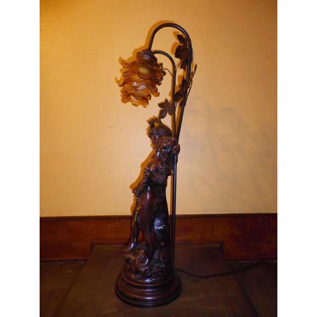 Black Sculpture of Putti Table Lamp with Amber Molded Glass Tulip Shades in the style of Aug. Moreau, 1890s For Sale - Image 8 of 18