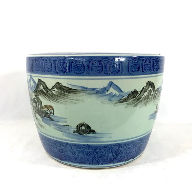 Mid 20th. Century Chinese planter with a dramatic hand painted wrap around mountain and water scene - Shan Shui. The good...