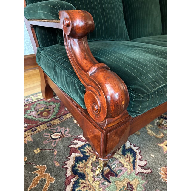 Ralph Lauren 1990s Ralph Lauren American Oversized Velvet Green Upholstered Sofa With Scroll Wood Arms For Sale - Image 4 of 12