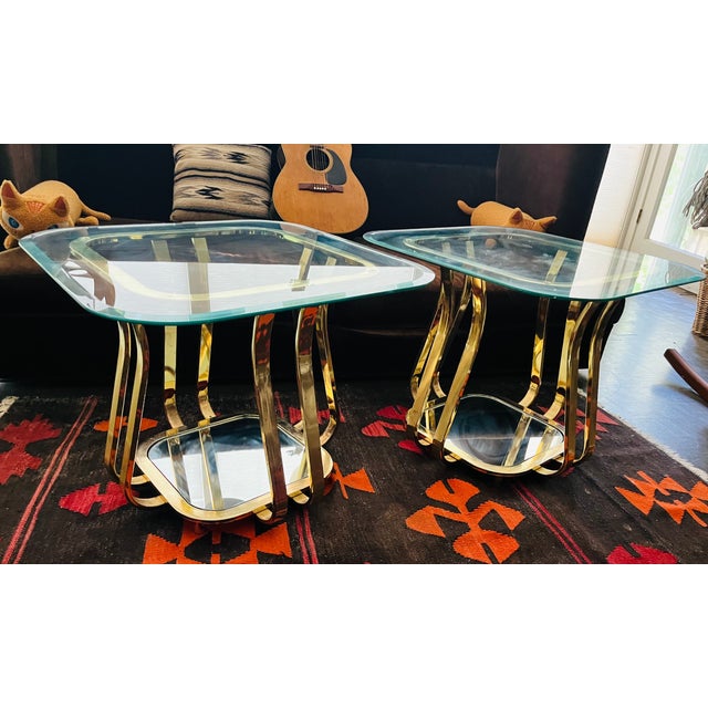 1970s Vintage Brass and Glass Side Tables Hollywood Regency Glam Era, Pair For Sale - Image 5 of 14