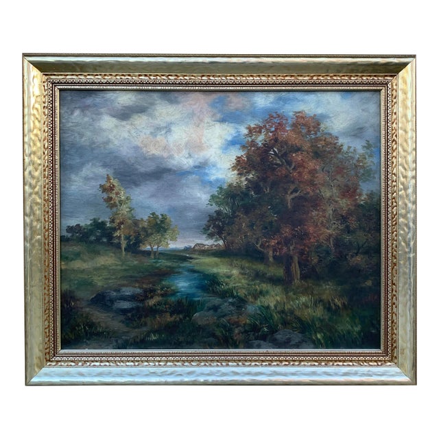 Antique Hand Painted Framed Oil on Canvas Landscape Painting, Early 20th Century For Sale