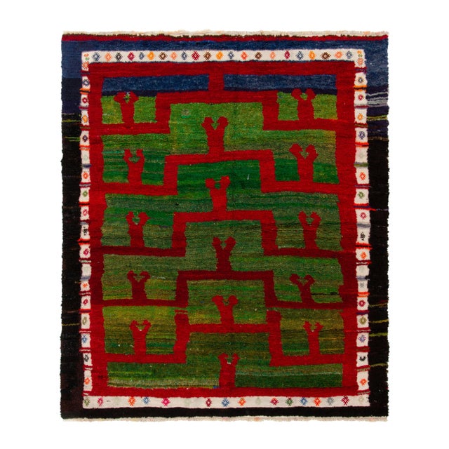 1950s Vintage Tulu Rug, Blue Border With Green and Red Geometric Pattern For Sale In New York - Image 6 of 6