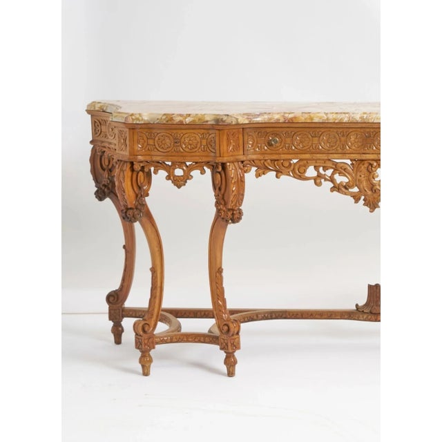 Antique English Hand-Carved Oak Wood Marble Top Continental Console Table For Sale - Image 10 of 12