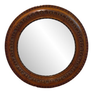 Victorian Hand Carved Round Oak Mirror For Sale