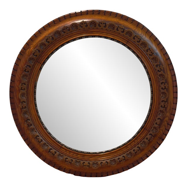 Victorian Hand Carved Round Oak Mirror For Sale