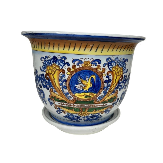 Chinoiserie Vintage Large Hand Painted Chinoiserie Blue and White Golden Swan Design Cache Pot Planter For Sale - Image 3 of 6