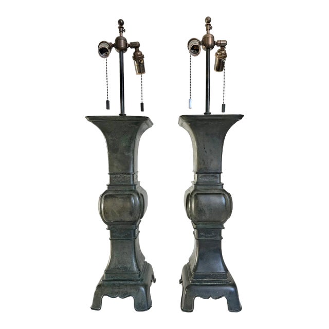 Pair of 1960s Gu Form Archaistic Chinese Style Verdigris Bronzed Lamps For Sale