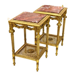 1990s French Style Marble Topped Side Table Set – Gold Accents, Elegant Design For Sale