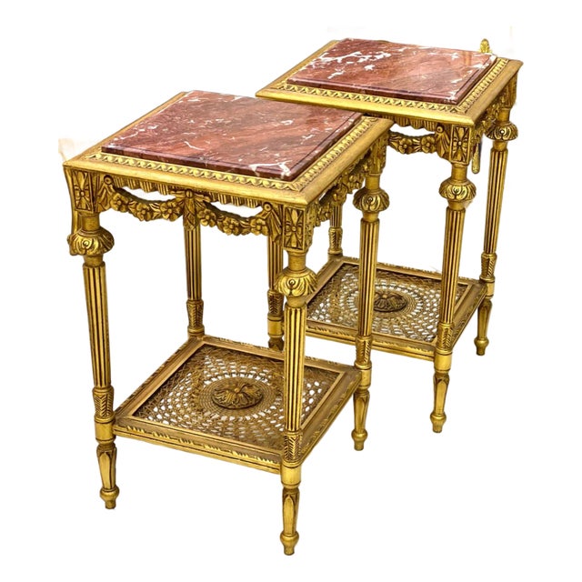 1990s French Style Marble Topped Side Table Set – Gold Accents, Elegant Design For Sale