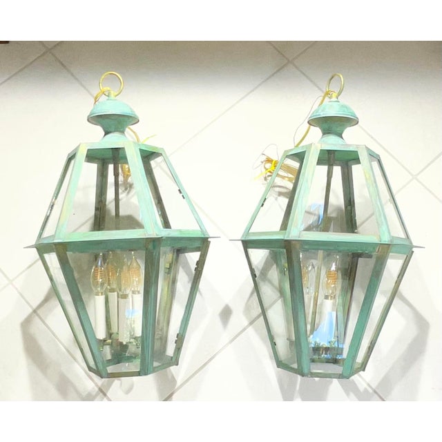 Exquisite Pair of Vintage Solid Brass Hexagonal Hanging Lanterns - 24” X 16” For Sale - Image 12 of 16