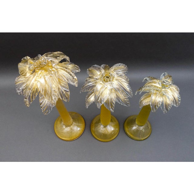Glass Mid 20th Century Signed Murano Italy Gold Fleck Glass Palm Tree Candlestick Candleholders- Set of 3 For Sale - Image 7 of 9
