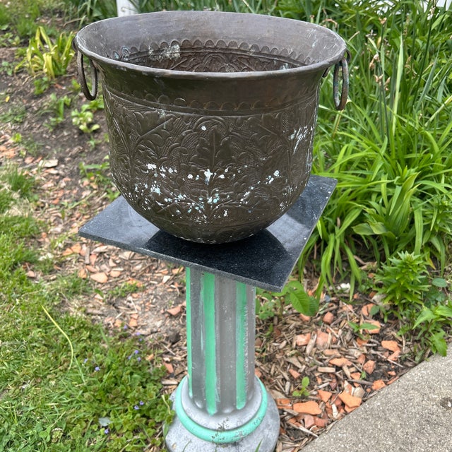 Vintage Patinated Hammered Brass Planter/Jardiniere Ring Handles Repousse Floral Design For Sale In Chicago - Image 6 of 12
